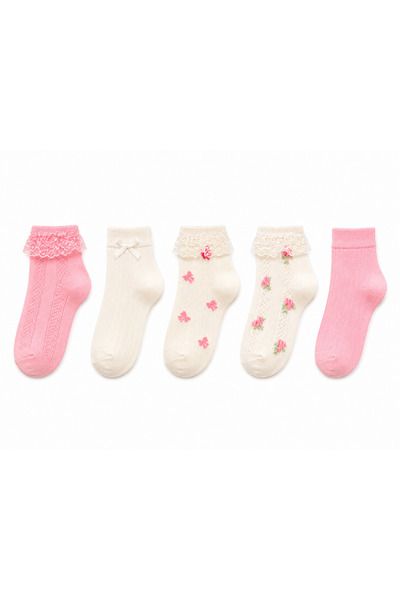 Solde Kız Çocuk 5 Çift Dantelli Fiyonklu Çiçek Nakışlı Soket Çorap Seti 🧦🎀🌸