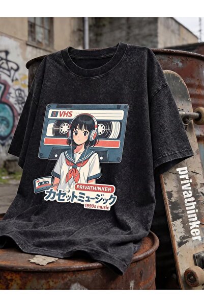 Toum Retro Anime Girl Vhs Unisex Washable Vintage Oversize T-Shirt