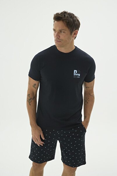 Sevim Men's Short Sleeve Shorts Navy Blue Pajama Set Relaxed Cut Summer Home ...