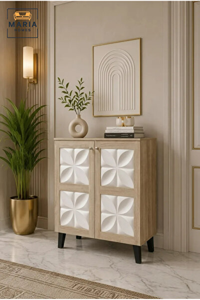 MARIA HOMES Modern Accent Storage Cabinet with 3D Floral Doors – Wooden Sideb...
