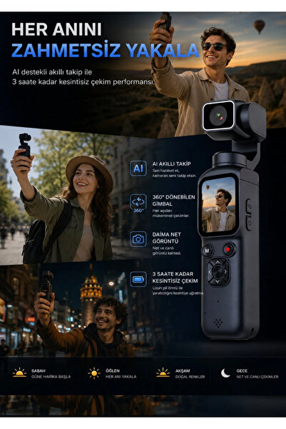 WUNİT 4K Ultra Hd AI Destekli Takip Profesyonel Aksiyon Kamerası Dokunmatik Ekran 360 Dönüş Gimbal Profesyonel Vlog Çekim