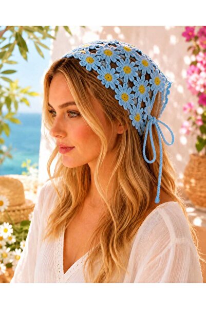 REBORN DESIGN Bohemian Knitted Daisy Motif Cotton Blue Color Bandana Scarf