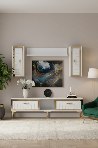 cnyr TVR1501BG TUNA TV ÜNİTESİ TAKIMI BEYAZ-GOLD 150CM