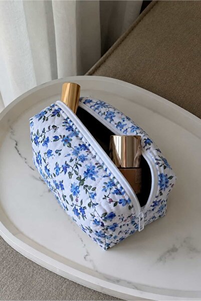 Yuka Atelier Blue Floral Pattern Quilted Makeup Bag Travel Organizer Zippered...