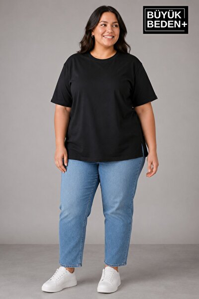 Süperlife Plus Size Women's Crew Neck Slit Detailed 3Xl-6Xl Tunic T-Shirt Spr...