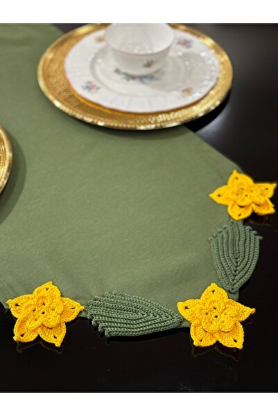 GUHEF Runner Tablecloth Duck Linen Fabric Knitted Lace Floral Yellow Green 40...