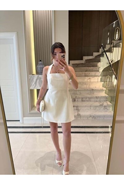 CKBUTİK Beyaz Boyundan Askılı Mini Elbise