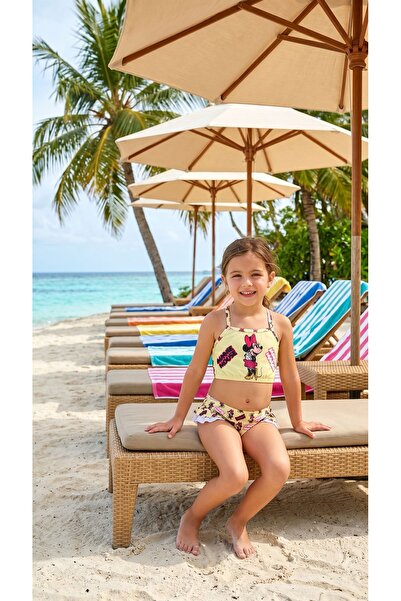Lizsa Set bikini cu volane, galben, imprimat, din trei piese, pentru fete, cu...