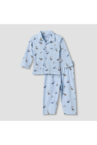 Juniors Cotton Collared Long Sleeves Pyjama Set with Dinosaur Print