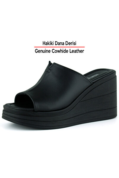 Erkan Saçmacı Valery Plus Black Genuine Calfskin Wedge Heeled Slippers