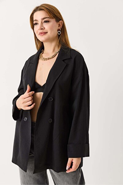 Raneel Kazançlı Alışveriş Women's double-breasted tencel summer jacket - black