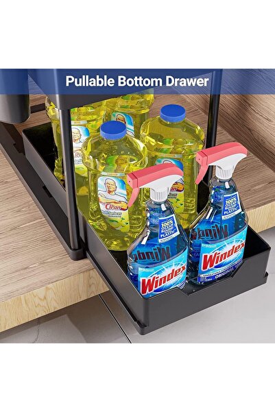 SPAULD Under Sink Storage Organizer with Sliding Drawer – 1pc Pull-Out Cabinet Organizer with Hooks f