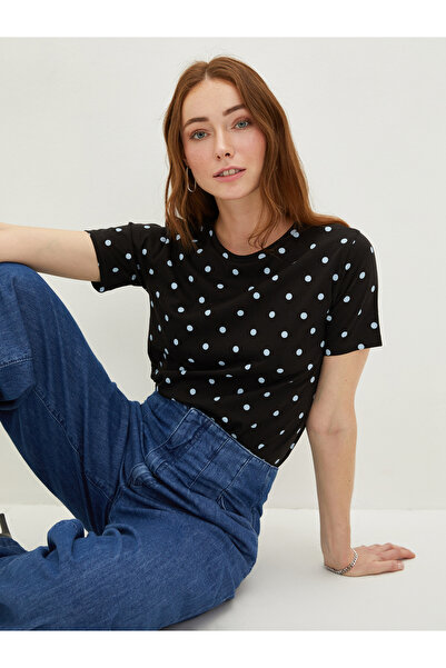 LC Waikiki Tricou de damă din bumbac, cu guler rotund, cu buline și mânecă sc...