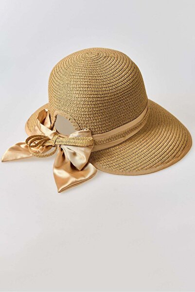 Raneel Kazançlı Alışveriş Women's straw visor hat with bow accessory - mink