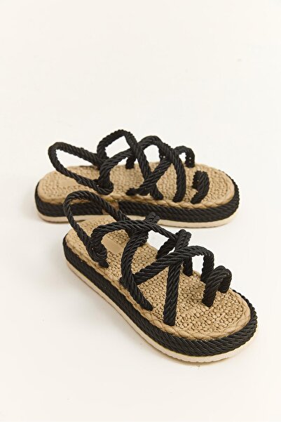 Raneel Kazançlı Alışveriş Black woven sole rope thong sandals
