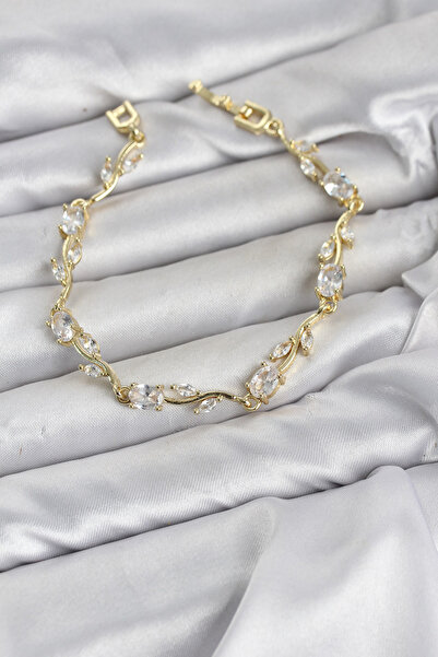 evimdeyokyok Brass Gold Color Zircon Stone Flower Model Women's Bracelet Tj-B...