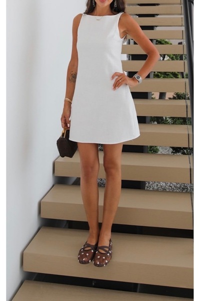 nidistore Women's Linen Short Closed Front Graduation Dress