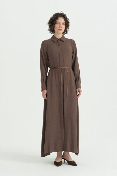 Nihan Beli Belted Shirt Collar Modal Dress - Brown