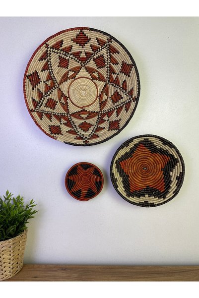 trioso El Yapımı Hasır Duvar Dekoru Seti – 3 Parça Bohem Duvar Tabağı