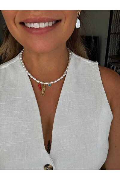 Mope Accessories Pearl Necklace with Fish Charm