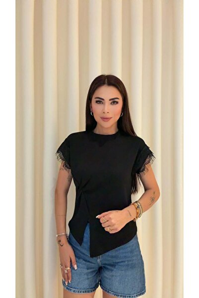 DİDEM GÜLTAKTI Waer Women's Black T-Shirt with Lace Detail on Sleeves
