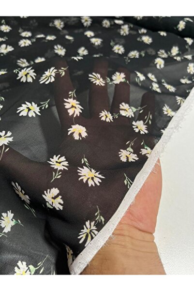 Kumaş sever Black Base White Daisy Flower Patterned Multi Chiffon Fabric Doub...