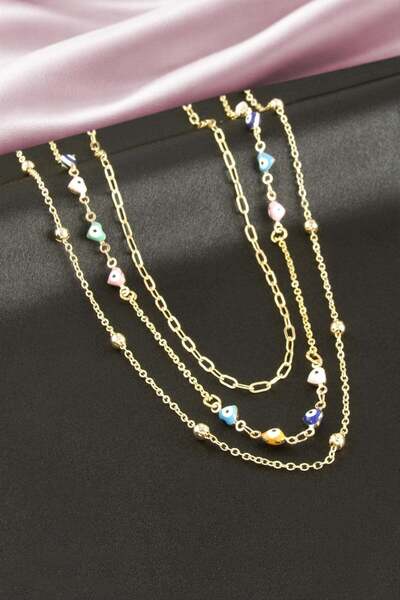 Marsilyan Heart Enamel Triple Necklace Ilkel-Bjt940