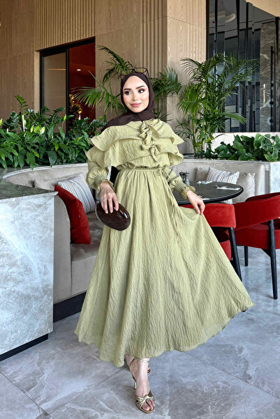 İmajButik Khaki Collared Layered Dress