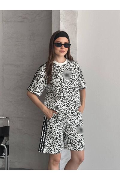 mylunessa White Sport Casual Tracksuit Set with Leopard Pattern Shorts