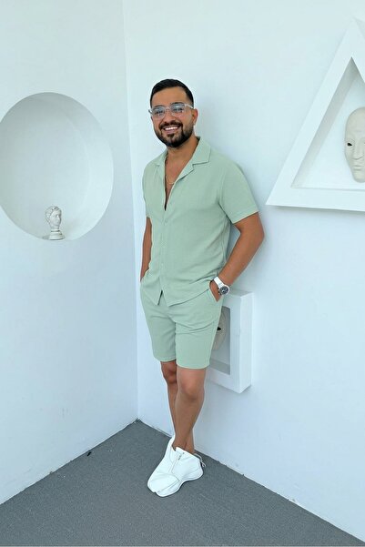 Fifty Color Ανδρικό κοντομάνικο πουκάμισο και σορτς Alaçatı Style Wrinkled Cr...
