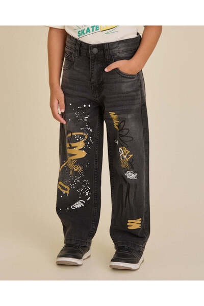 REDTAG Boys Black Printed Loose Fit Jeans