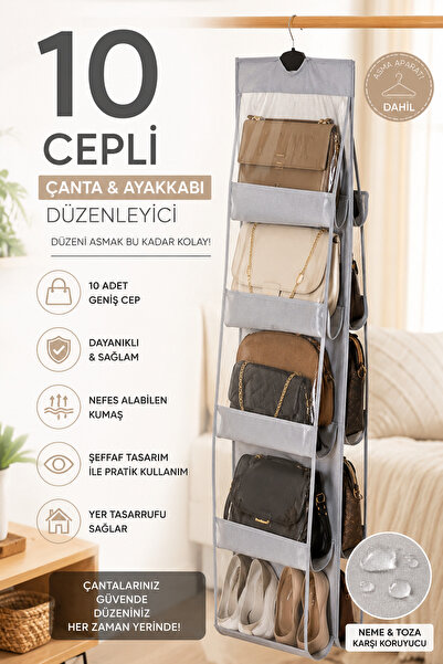 Ferzin 10 Cepli Çanta ve Ayakkabı Düzenleyici Askılı Dolap Organizeri Şeffaf ...