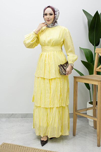 Tesettür Dünyası Tie Waist Layered Dress Tsd260239 Yellow