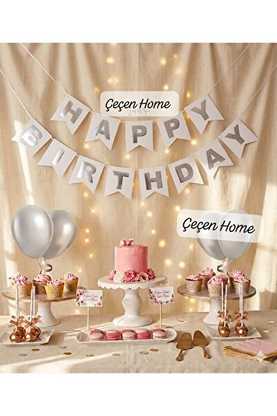 ÇEÇEN HOME White Silver Gilded Happy Birthday Sign, Birthday Sign Birthday De...