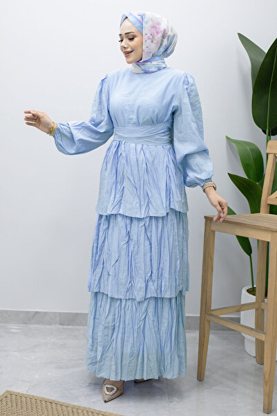 Tesettür Dünyası Tie Waist Layered Dress Tsd260239 Blue