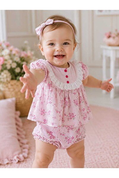 bubiee baby Baby Girl Pink Floral Shorts Set Lace Detailed Peter Pan Collar B...