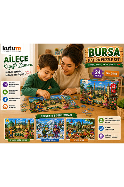 kutuTR Bursa Hatıra Ahşap Puzzle Seti 24 Parça 18x25 cm Eğitici Çocuk Puzzle 3’lü Set