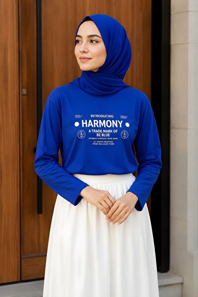 İmajButik Saks Blue Crew Neck Printed Combed Cotton Bodysuit