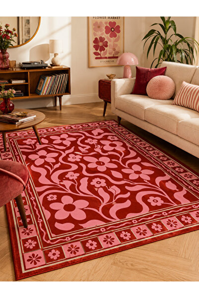 Homeilla Retro Çiçek Desenli Kırmızı Pembe Dekoratif Halı