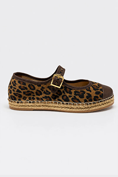 Suren bysrnshoes Kiwi Hakiki Deri Leopar Desenli Tokalı Kadın Espadril Babet