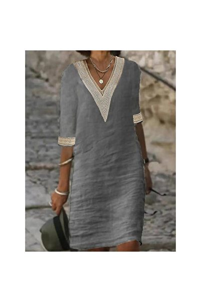 Cristina Serene Midi Φόρεμα Boho με V Λαιμόκοψη & Διακοσμητική Δαντέλα