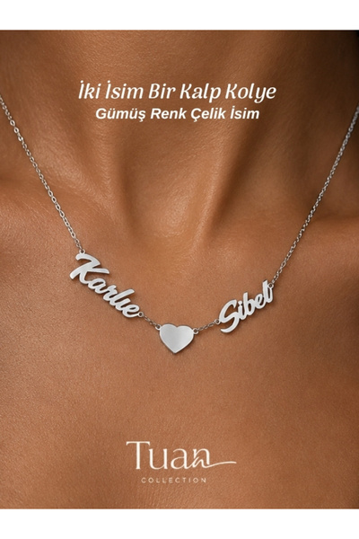 Tuan Collection İki İsim Bir Kalp Kolye Çelik İsim Lak Zincir Zincir İtalik F...