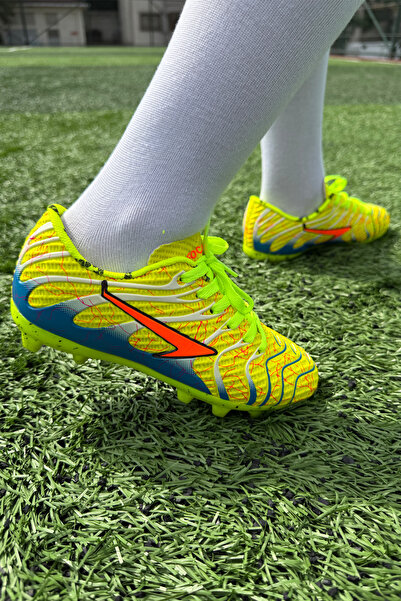 Shoefy Unisex Çocuk Neon Sarı Mavi Çivili Futbol Kramponu