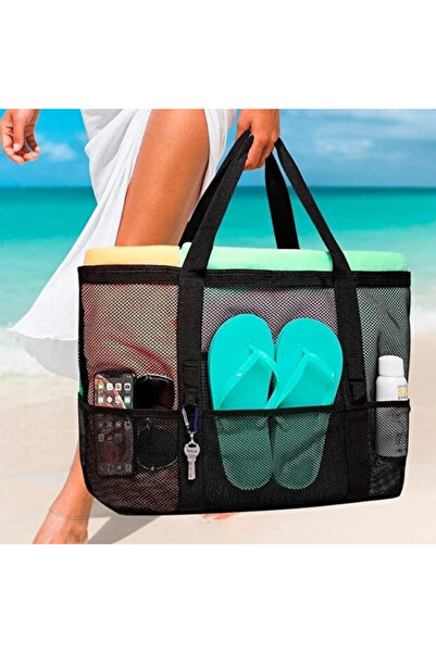 yusa stores Mesh Beach Bag Multi-Pocket Zippered Large Size Black Beach and P...