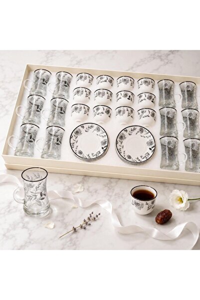 Lavera Luxury 36 Pieces Glass and Ceramic Cup and Saucer Set - White