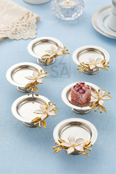 ÖzSa Home 6 Adet Lüx Gümüş Papatya Aksesuarlı Lokumluk Şekerlik Makaronluk Su...