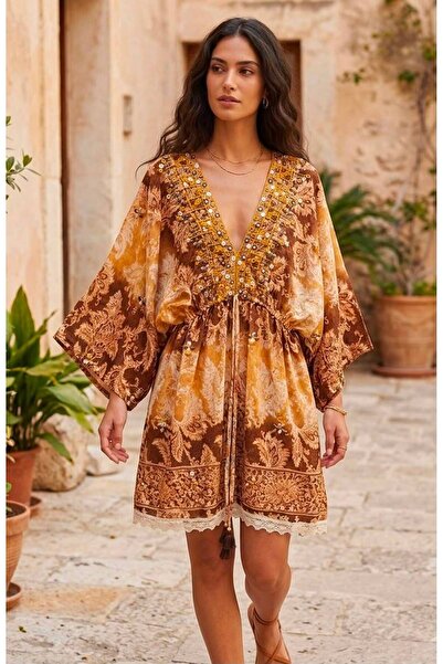 moda gk Ethnic Patterned Shiny Patterned Bohemian Silk Dress