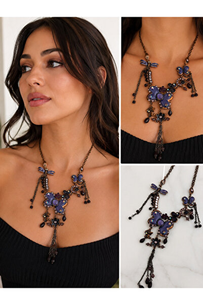 ELUNE İSTANBUL & Milano Purple Butterfly and Dragonfly Design Vintage Stone L...