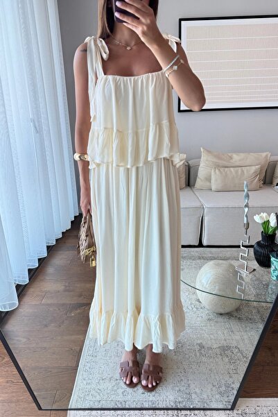 manana fashion Ecru Special Design Strap Dress with Ruffle Detail