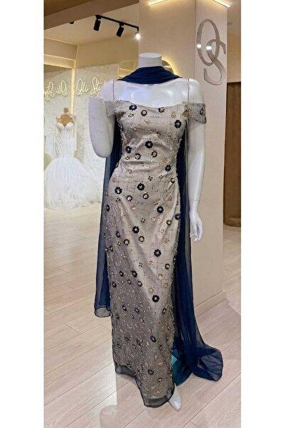 nouf Beige Dress with Navy Chiffon Shawl
